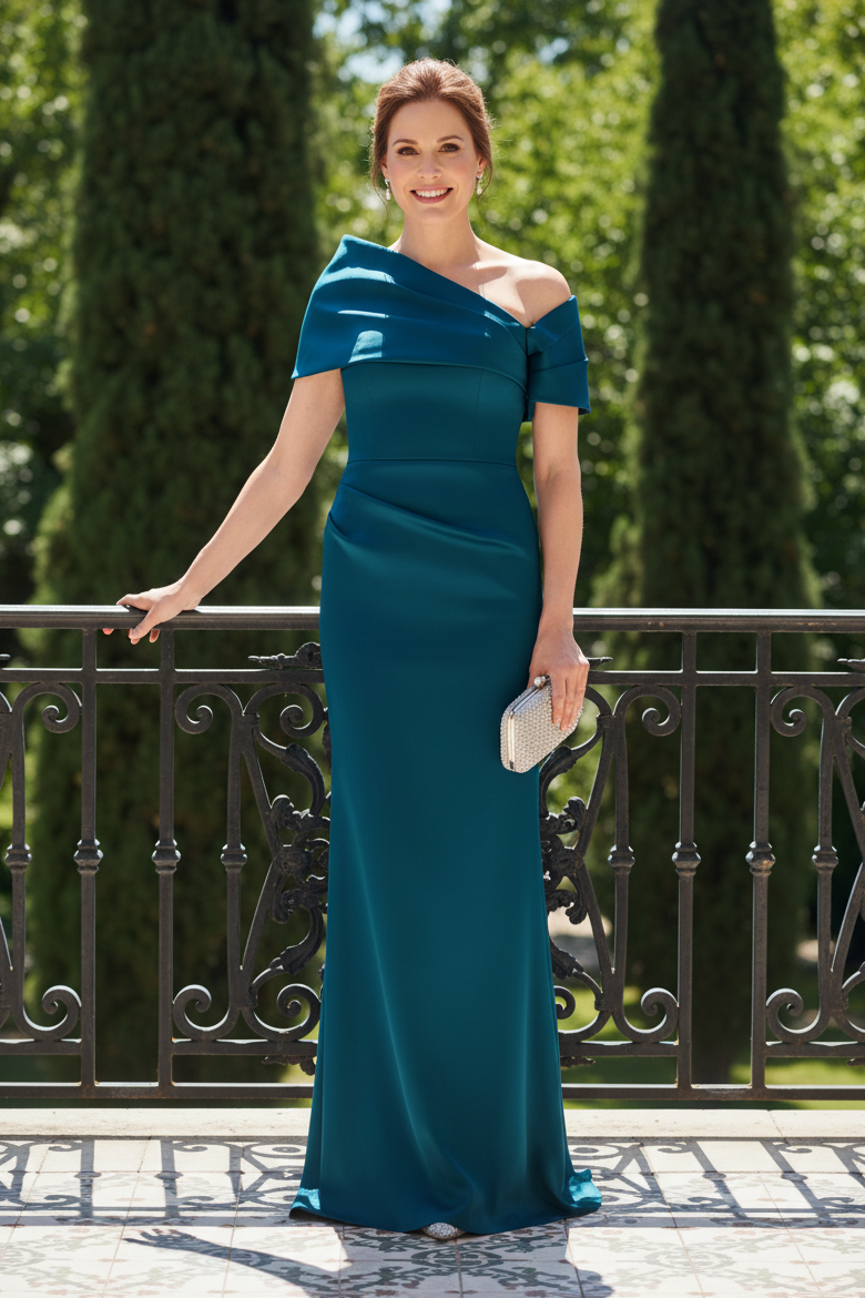 Asymmetrical Folded Neckline Satin Column Gown