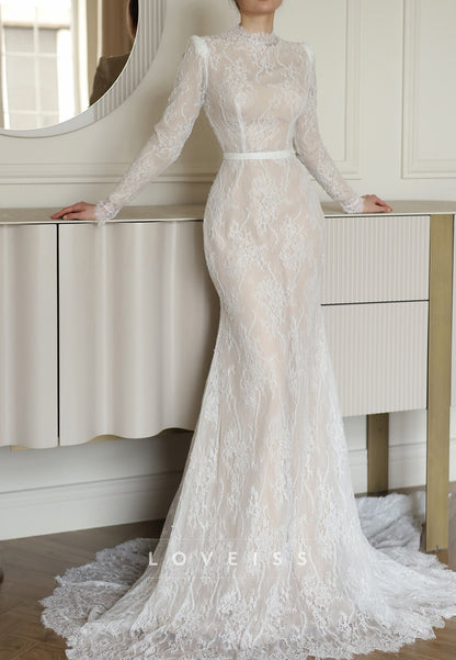 High Neck Lace Wedding Dress with Long Sleeves