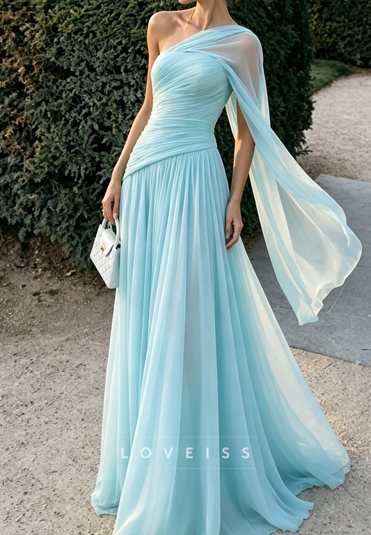One Shoulder Chiffon A-Line Evening Gown with Cape Sleeve