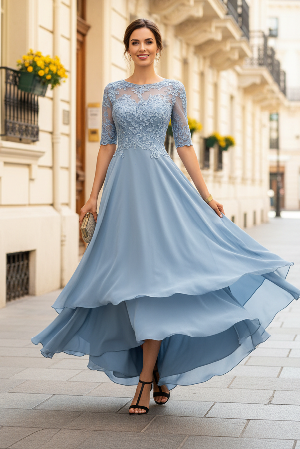 Illusion Lace Applique Tiered High-Low Evening Gown