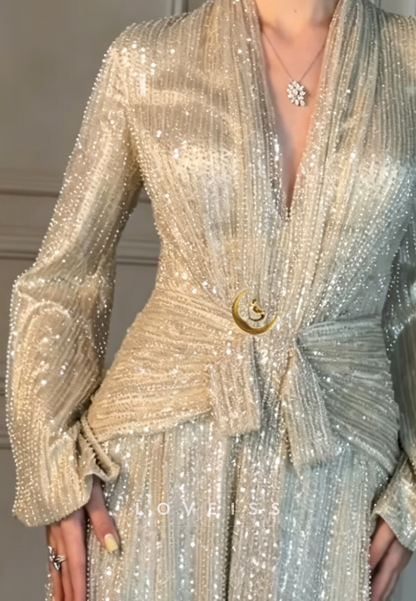 Deep V-Neck Sequin A-Line Gown with Bell Sleeves