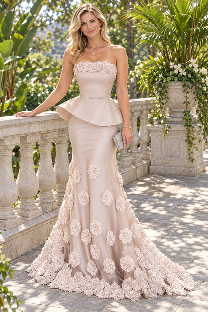 Strapless Peplum Gown with 3D Floral Appliques
