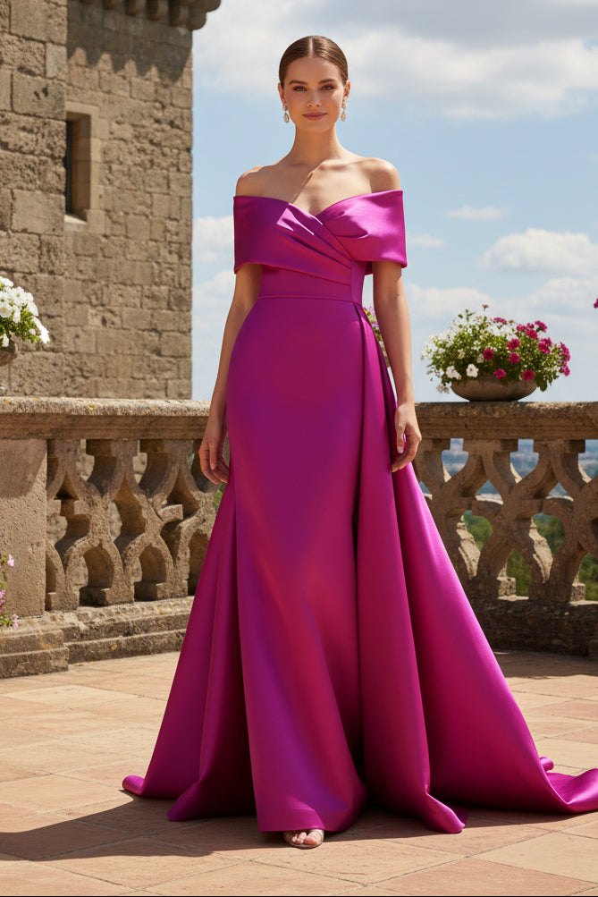 Off-the-Shoulder Pleated Satin Evening Gown