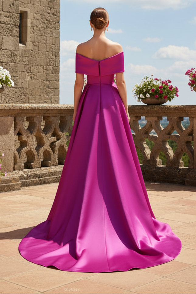 Off-the-Shoulder Pleated Satin Evening Gown