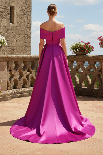 Off-the-Shoulder Pleated Satin Evening Gown