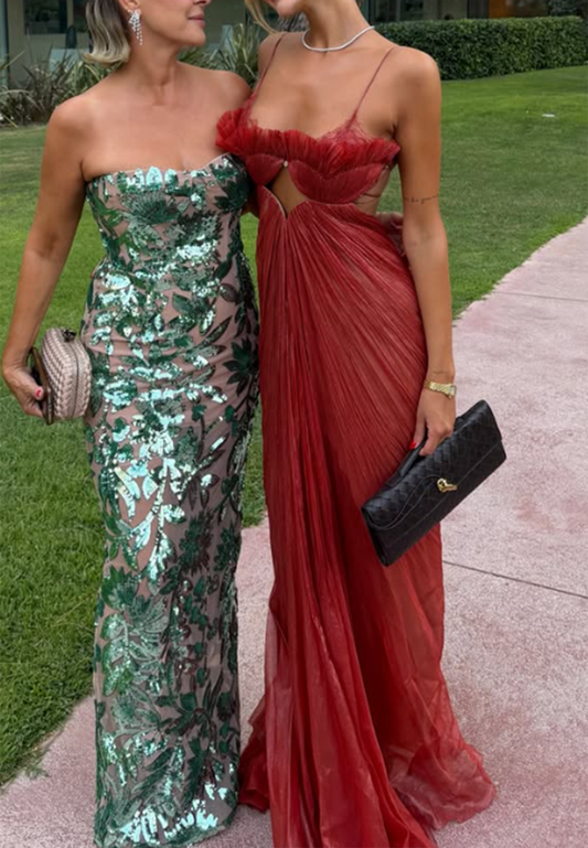 Pleated Cut-Out Maxi Gown with Spaghetti Straps