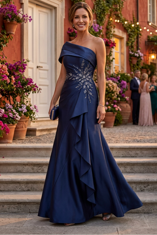 One-Shoulder Satin Gown with Side Ruffle Drape
