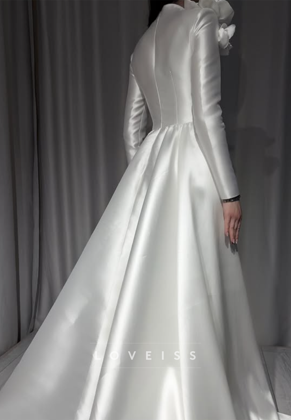 High Neck Satin A-Line Wedding Dress with 3D Flowers