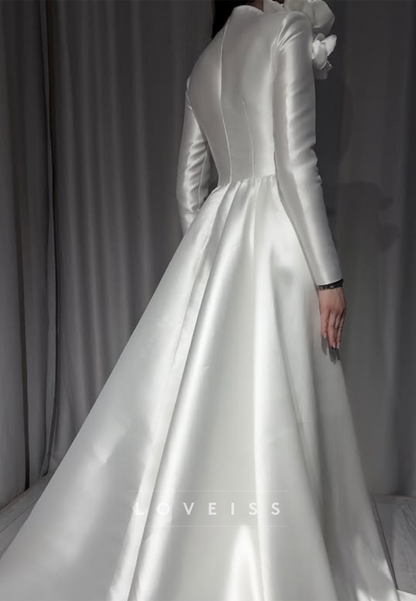 High Neck Satin A-Line Wedding Dress with 3D Flowers