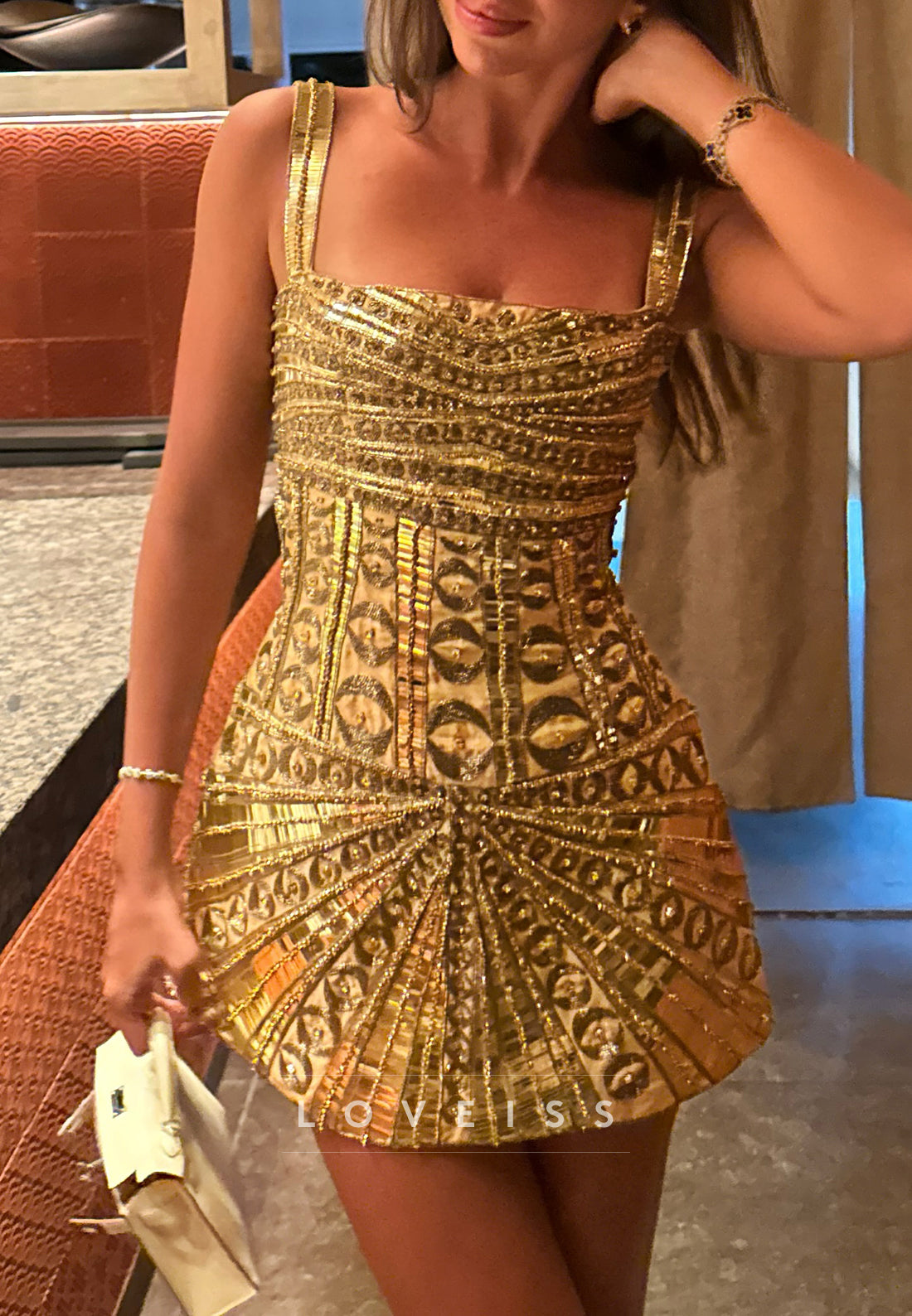 Metallic Sequin Mini Dress with Square Neck & Fan Skirt