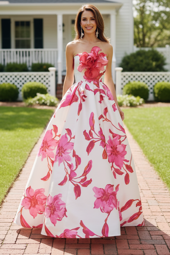 Strapless 3D Floral A-Line Gown with Pockets