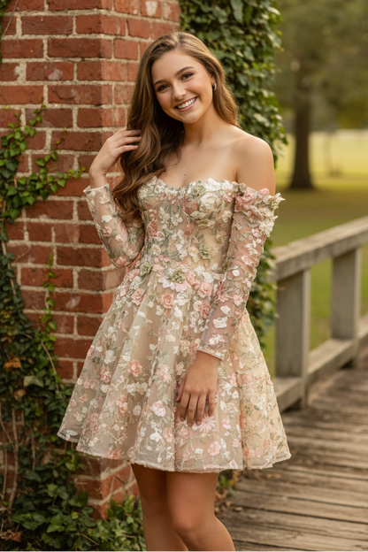 Off-the-Shoulder Floral Embroidery Corset Mini Dress