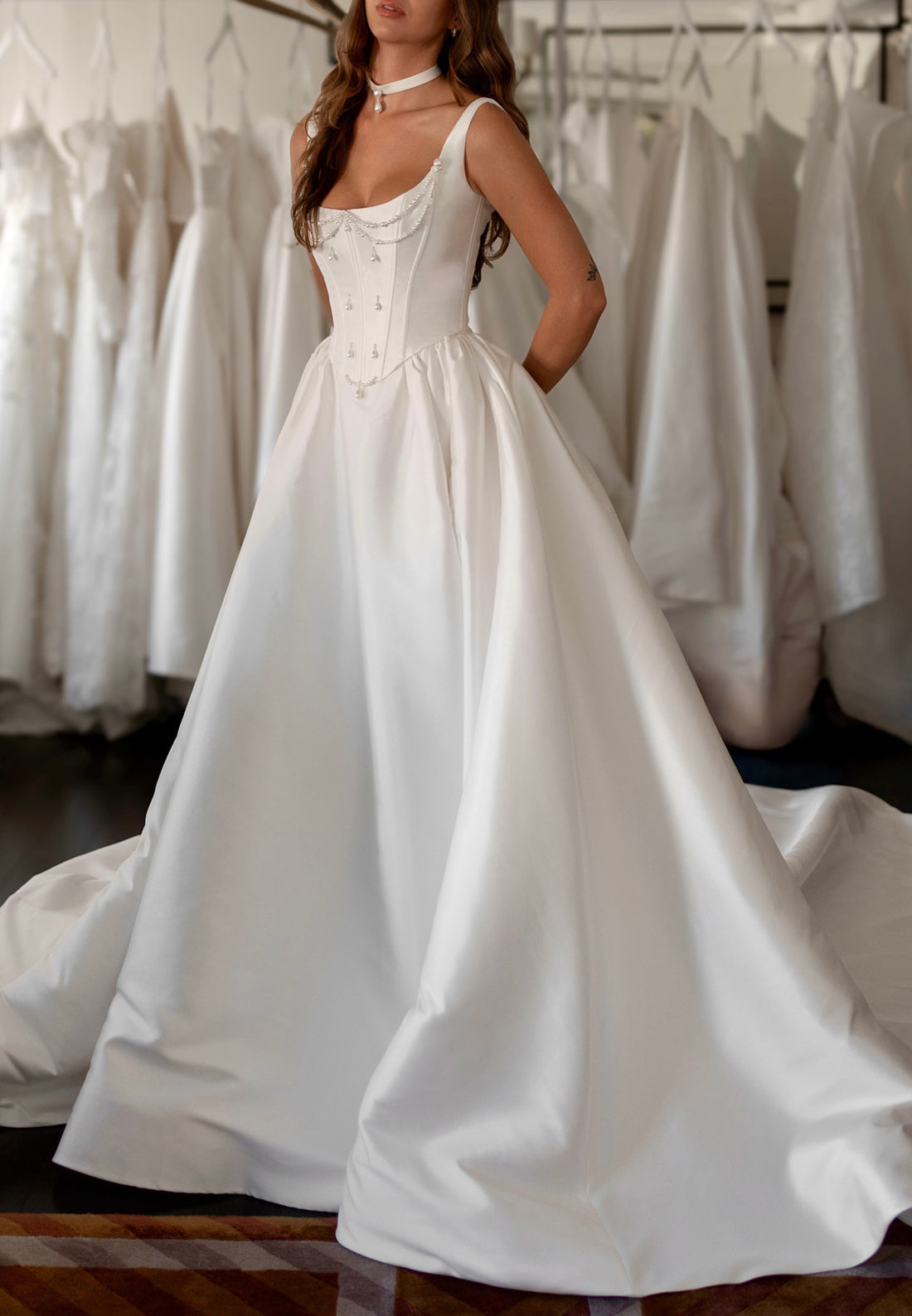 Pearl-Embellished Corset Satin Ball Gown Wedding Dress