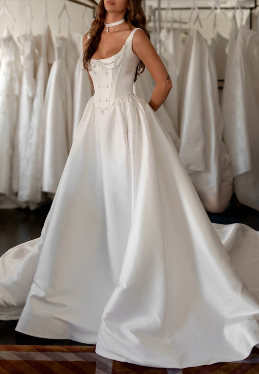 Pearl-Embellished Corset Satin Ball Gown Wedding Dress