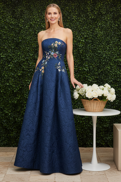 Strapless Embroidered Jacquard A-Line Gown