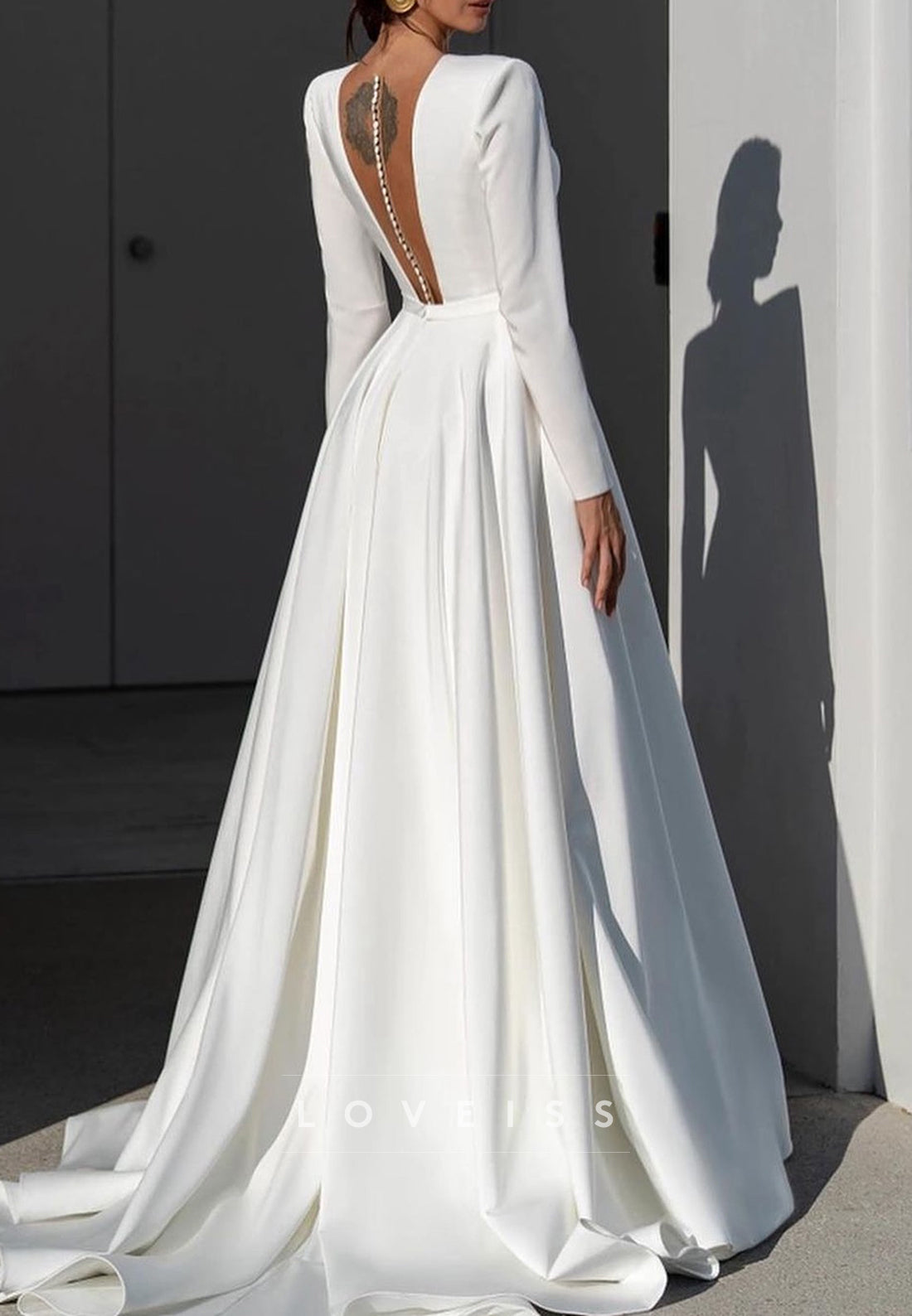 Deep V-Neck Long Sleeve Satin A-Line Wedding Dress