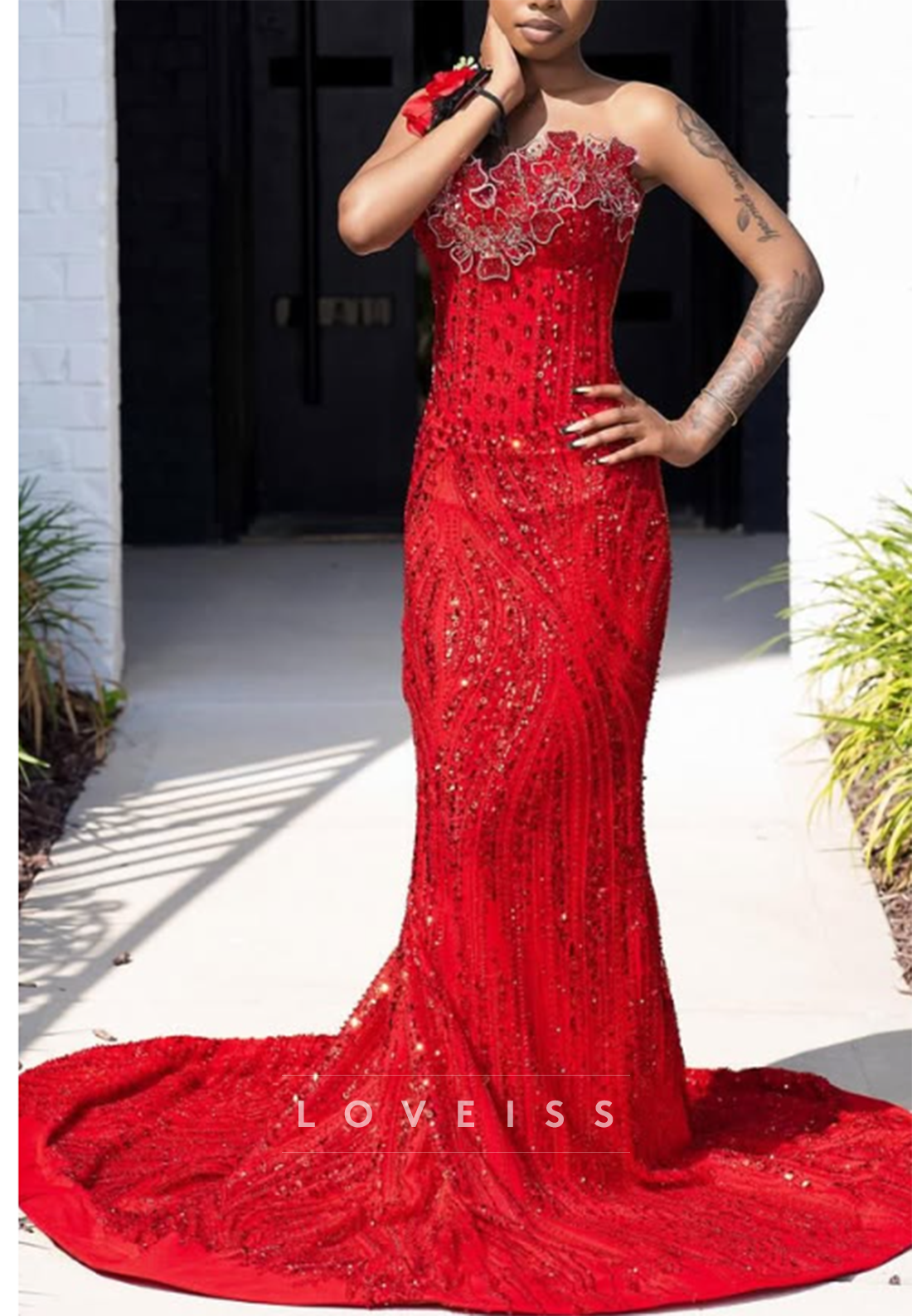 Strapless Floral Applique Beaded Mermaid Gown