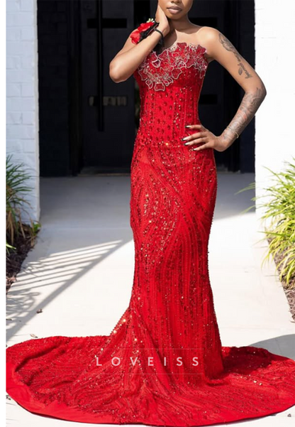 Strapless Floral Applique Beaded Mermaid Gown