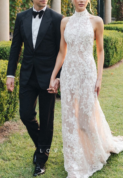 High Neck Lace Open Back Wedding Dress