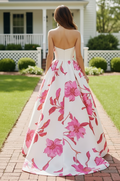 Strapless 3D Floral A-Line Gown with Pockets