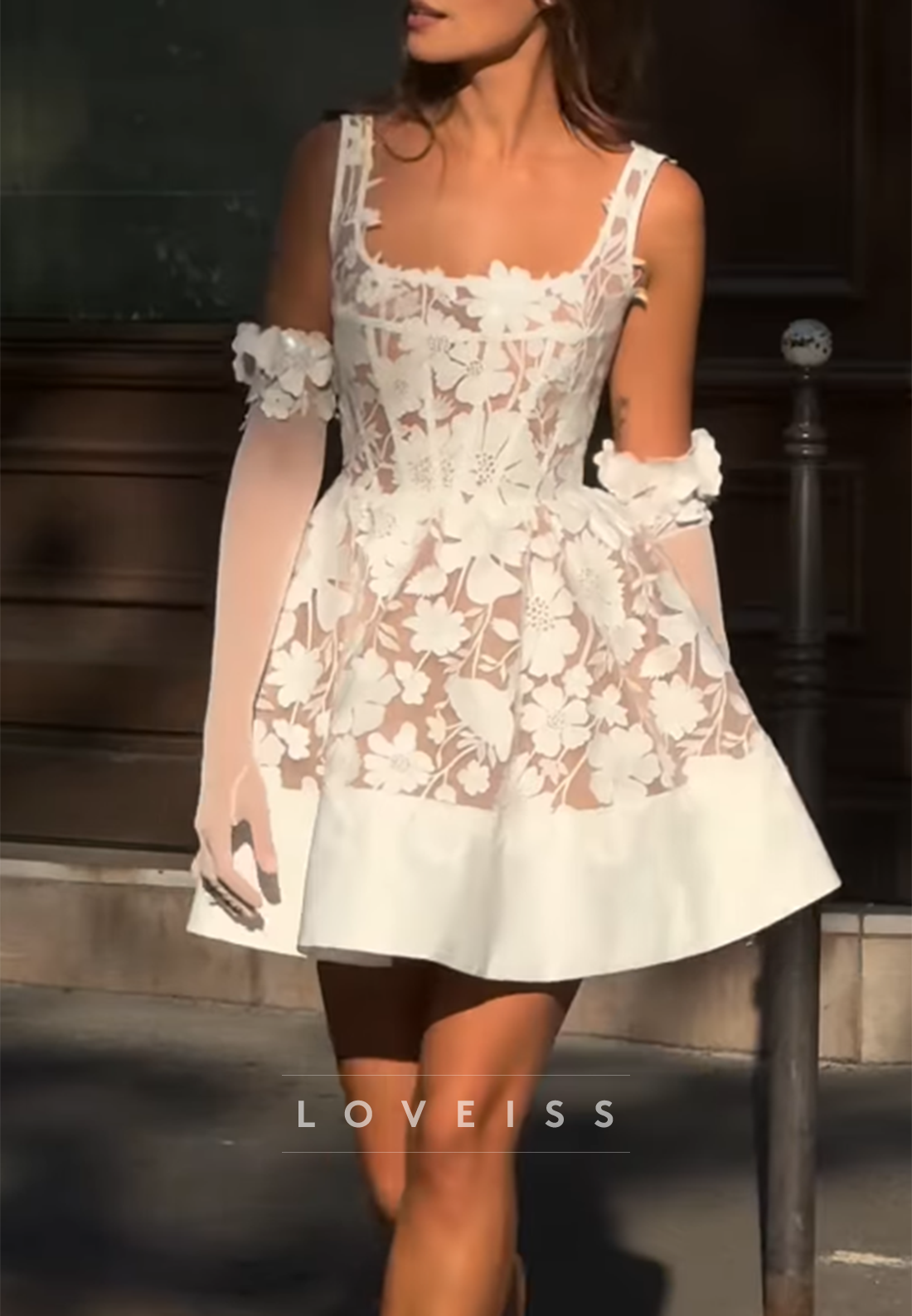 Square Neck Corset Floral Lace Mini Wedding Dress