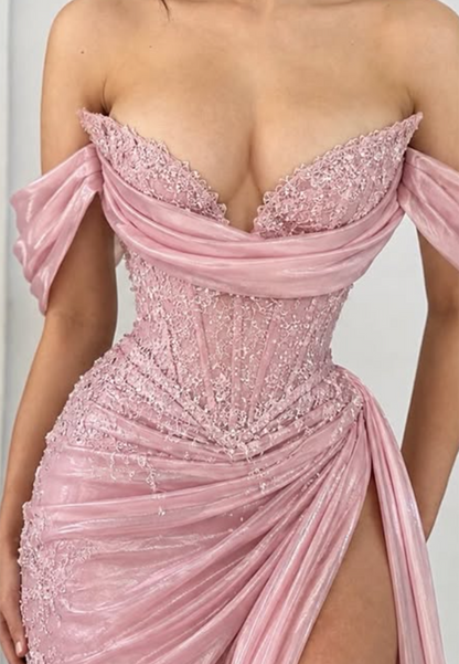 Corset Bodice Evening Gown with High Slit