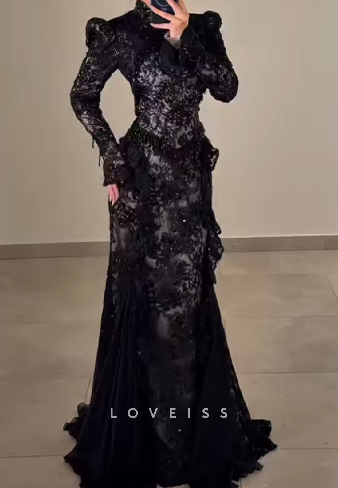 High Neck Lace Mermaid Evening Gown with Sleeves