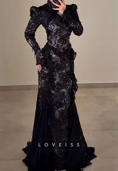High Neck Lace Mermaid Evening Gown with Sleeves