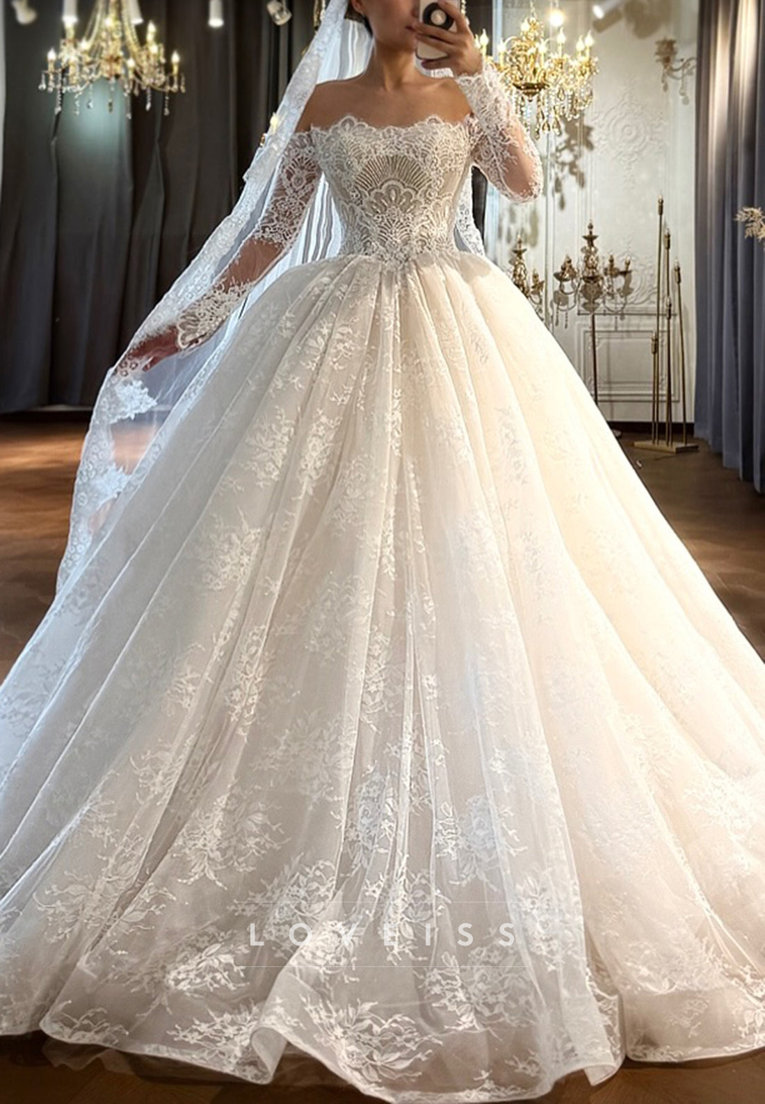 Off-the-Shoulder Long Sleeve Lace Ball Gown Wedding Dress