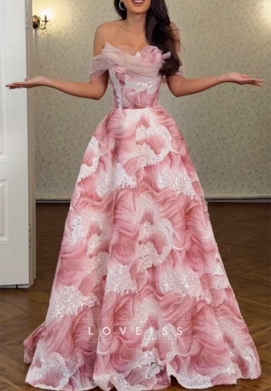 Off-Shoulder Floral Print Ball Gown with Lace Applique