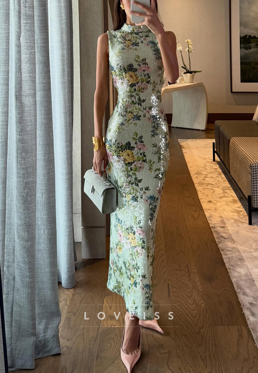 High-Neck Floral Sequin Sleeveless Sheath Maxi Dress