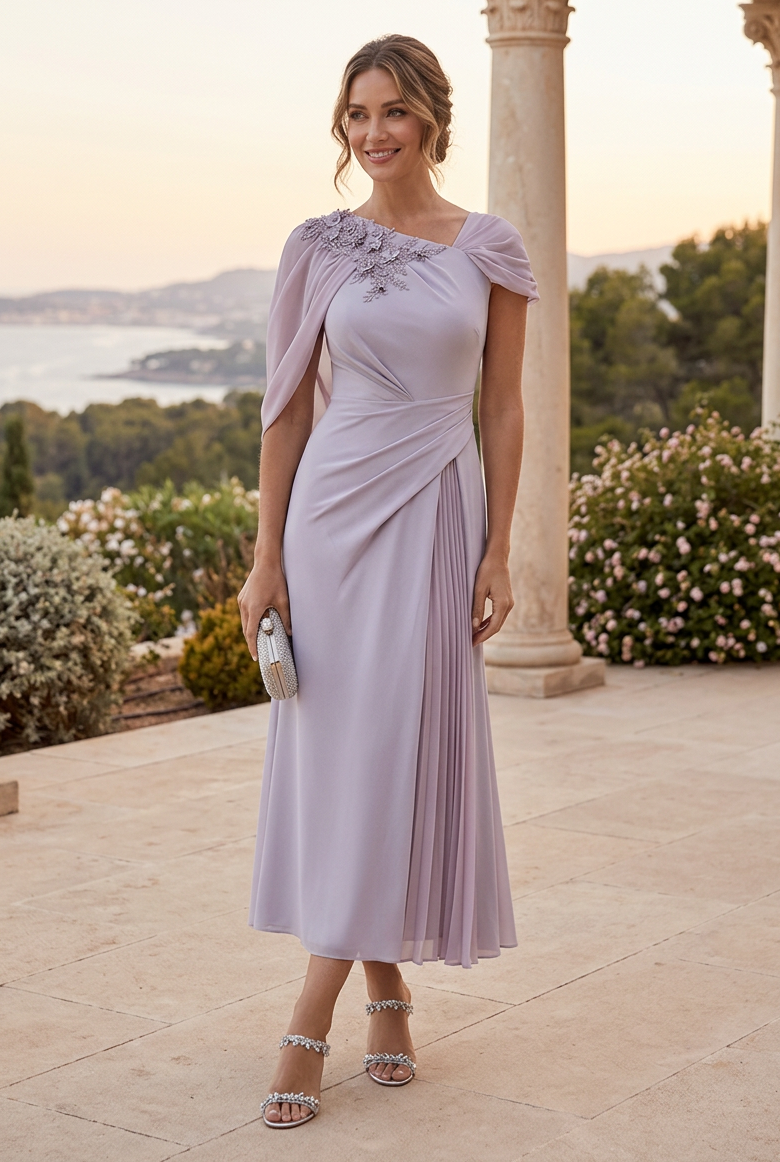 Asymmetric Cape Sleeve Midi Dress with Pleat Inset