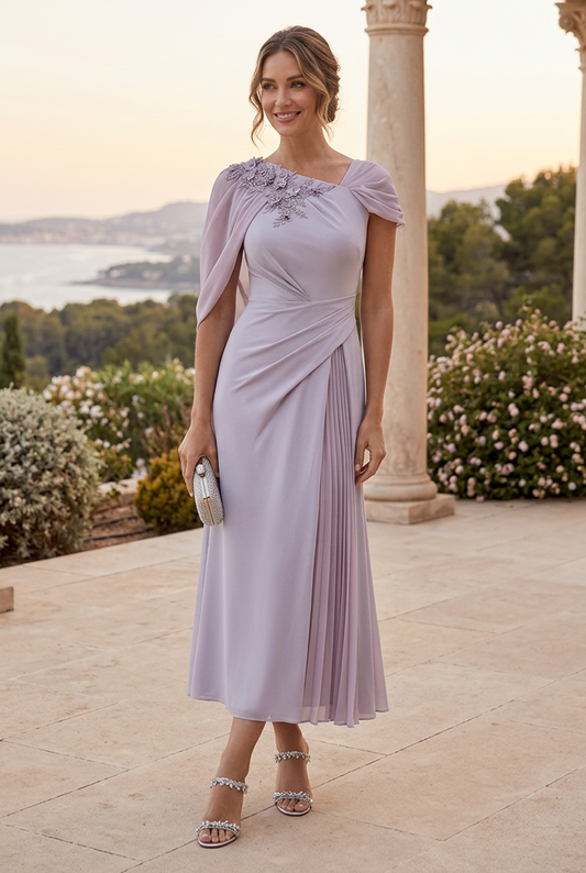 Asymmetric Cape Sleeve Midi Dress with Pleat Inset
