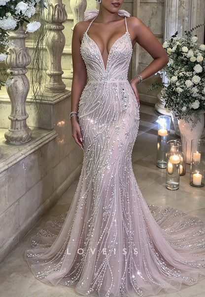 Sequin Beaded Mermaid Evening Gown with Bow