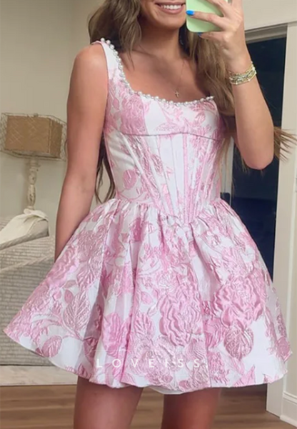 Floral Jacquard Corset Mini Dress with Pearl Trim