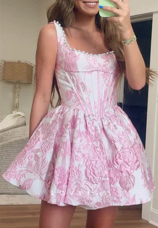 Floral Jacquard Corset Mini Dress with Pearl Trim