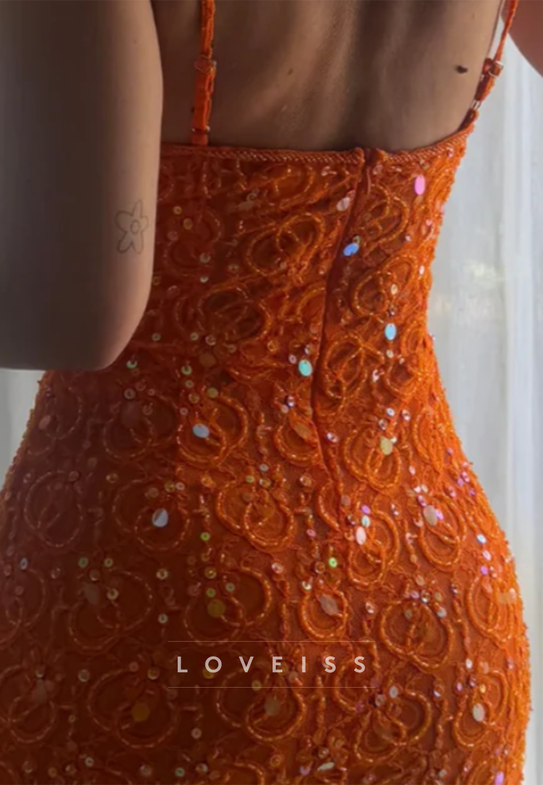 Sequin Embroidered Mesh Mini Dress with Spaghetti Straps