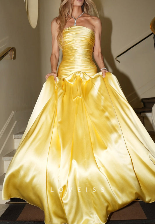 Strapless Ruched Satin Ball Gown with Bow Accent