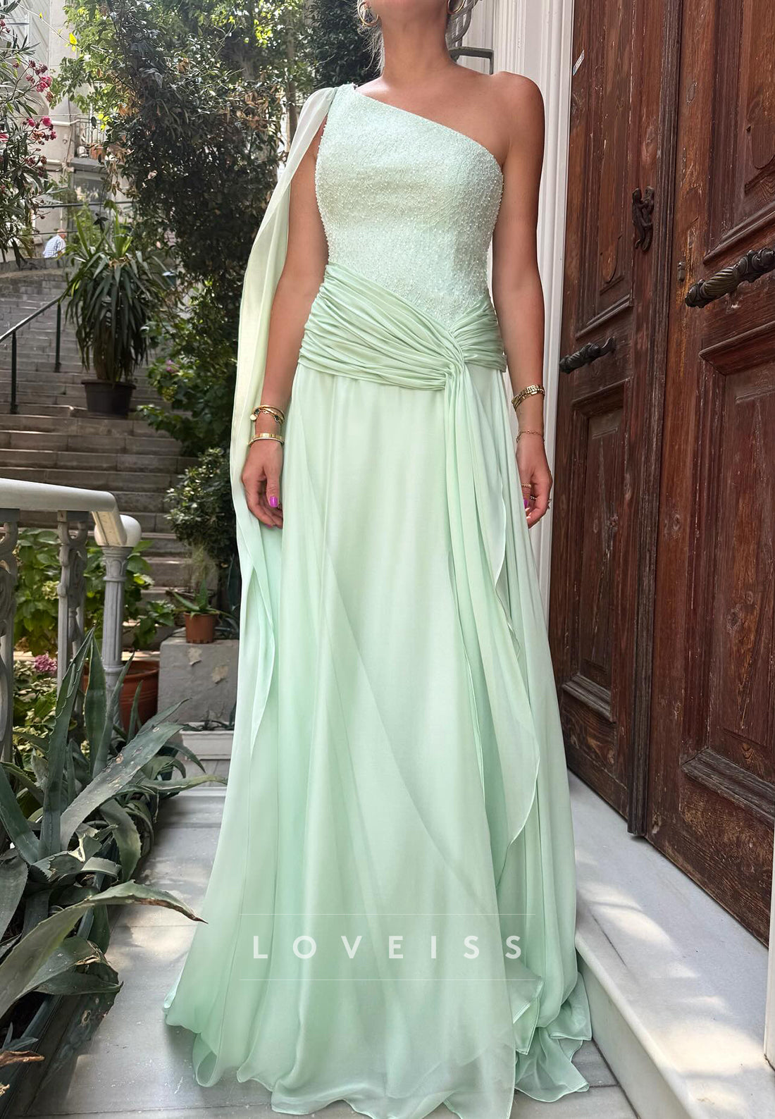 One-Shoulder Beaded Chiffon Evening Gown with Cape