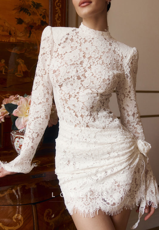 High Neck Ruched Lace Mini Dress