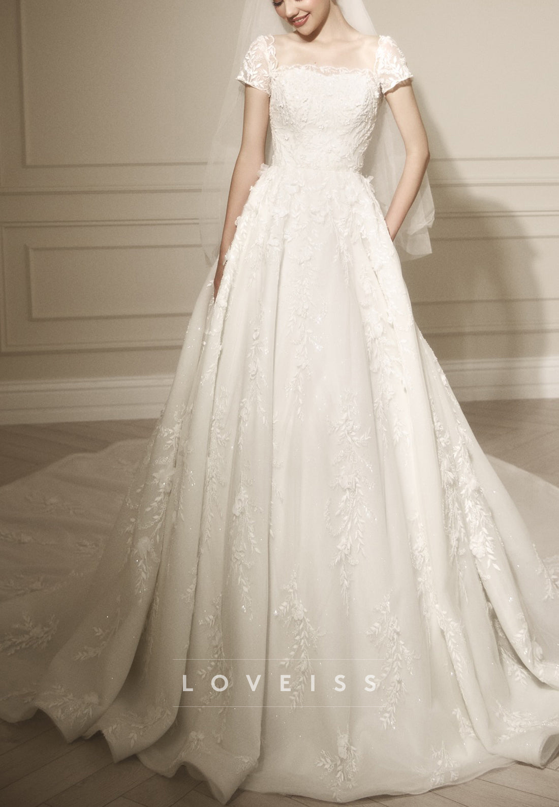 Square Neck Cap Sleeve Ball Gown with Lace Appliques