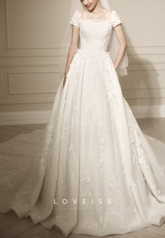 Square Neck Cap Sleeve Ball Gown with Lace Appliques