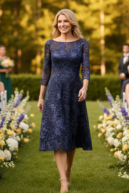 Floral Lace Illusion Midi Dress with 3/4 Sleeves