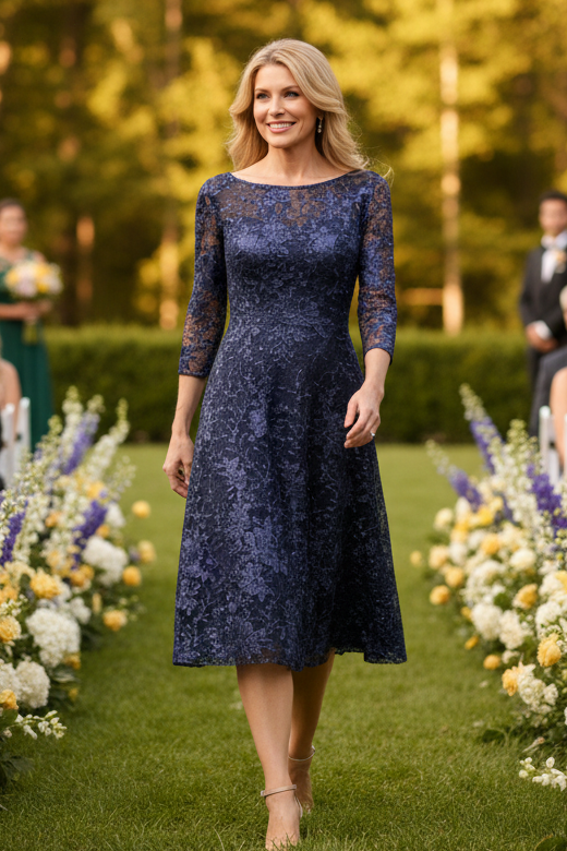 Floral Lace Illusion Midi Dress with 3/4 Sleeves