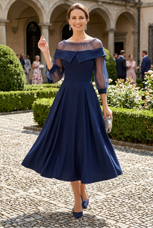 Illusion Foldover Neck Midi Dress with Tulle Sleeves