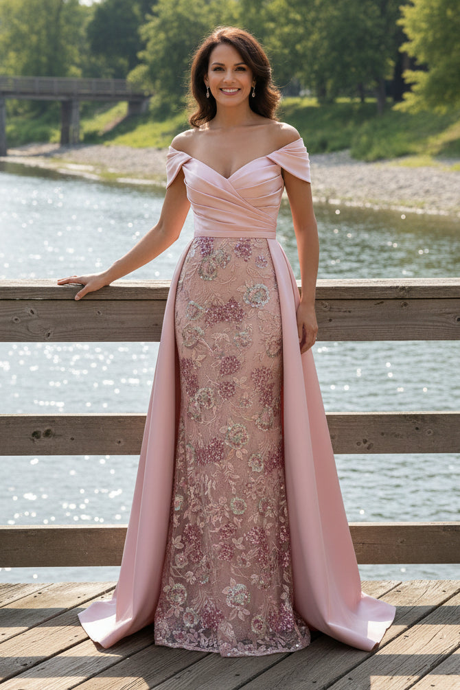Off-The-Shoulder Embroidered Gown with Overskirt