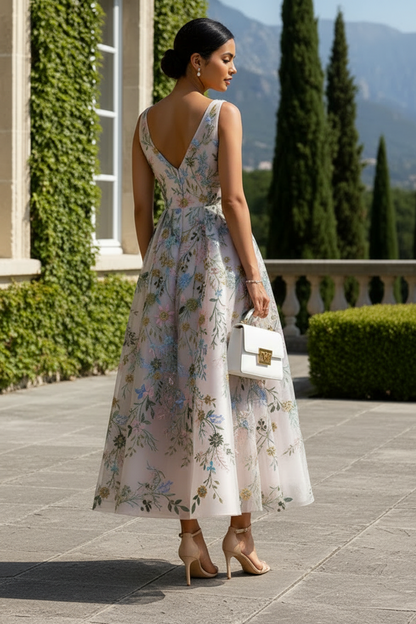 Floral Embroidered V-Neck Tea-Length A-Line Dress