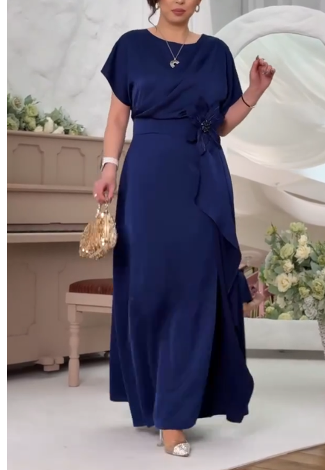Draped Waist Maxi Dress with Floral Accent