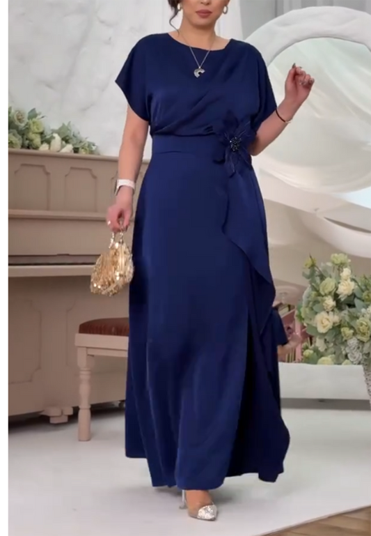 Draped Waist Maxi Dress with Floral Accent