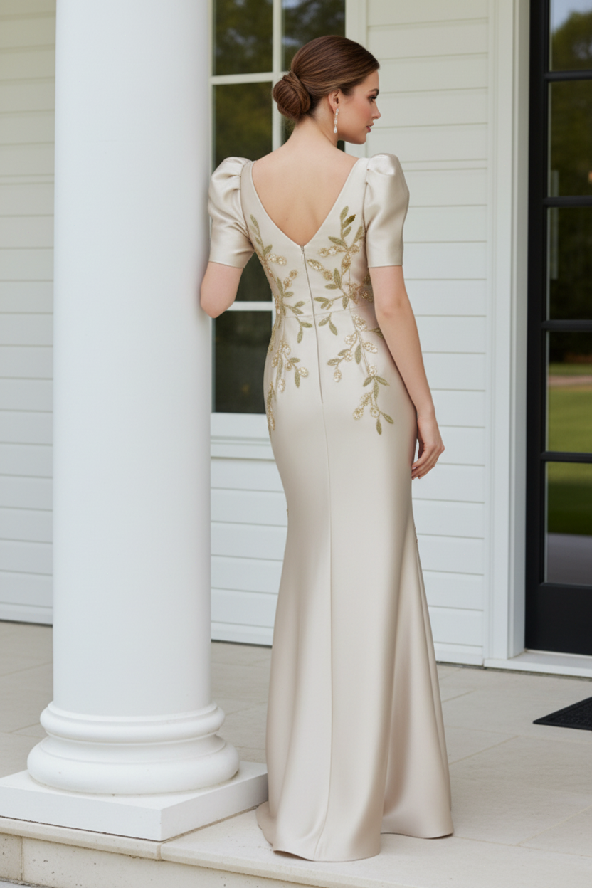 Embroidered Puff Sleeve Mermaid Evening Gown